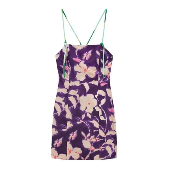 ZARA | Purple | FLORAL LINEN BLEND DRESS - Picture 2 of 4